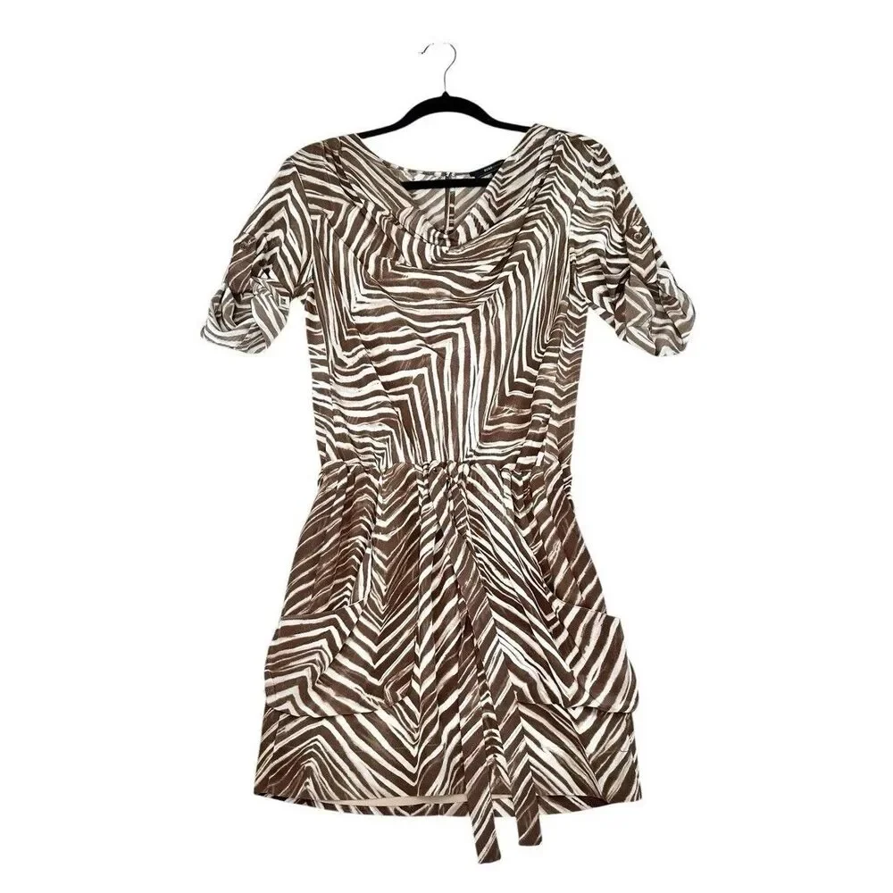 BCBGMAXAZRIA Silk Zebra Mini Dress XS Brown Ivory Belted Ruched Sleeve Pockets